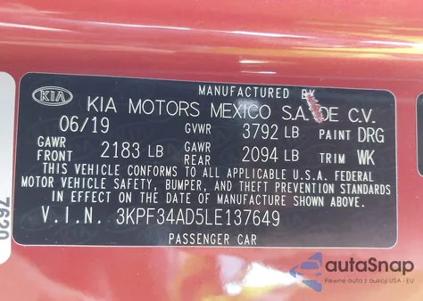 2020 Kia Forte Gt-Line from USA, damaged, VIN 3KPF34AD5LE137649